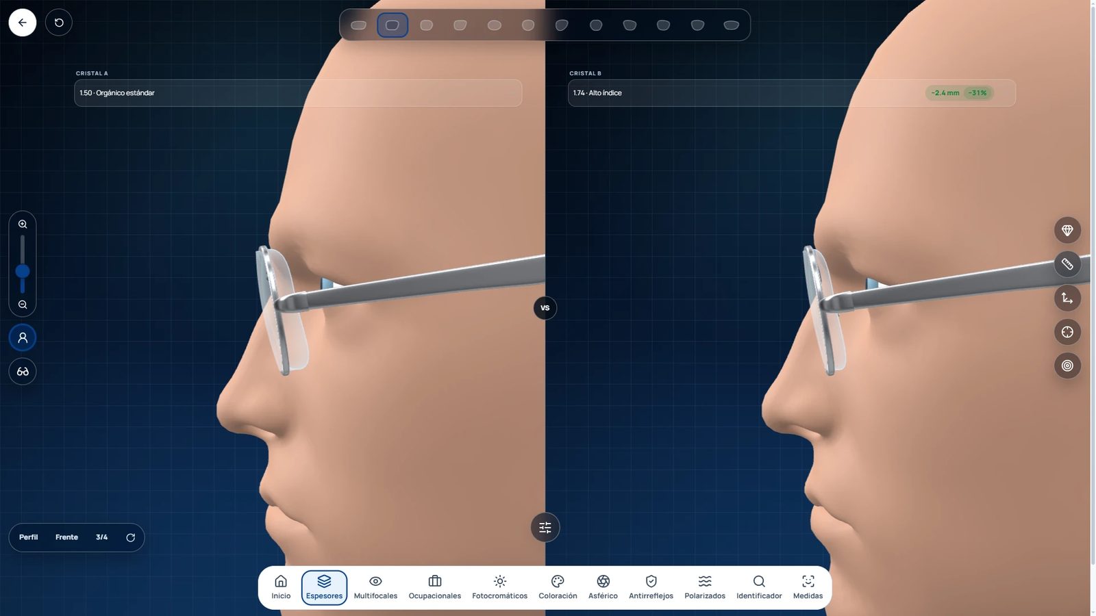 Herramienta Espesores de Lenses.app comparando un cristal 1.50 con uno 1.74 en un armazón sobre una cabeza 3D, de perfil
